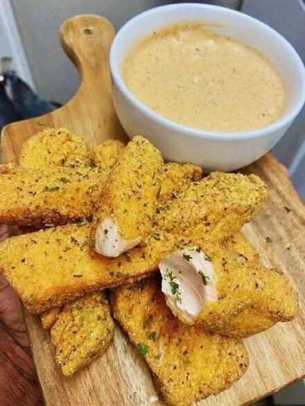 Fried Lemon Pepper Salmon Sticks with Old Bay Blue Cheese