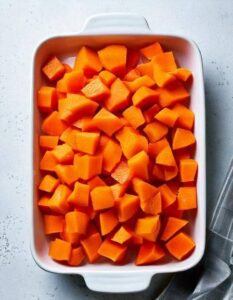 Put raw cubed sweet potatoes in casserole. 3 ingredients later: Cozy delight