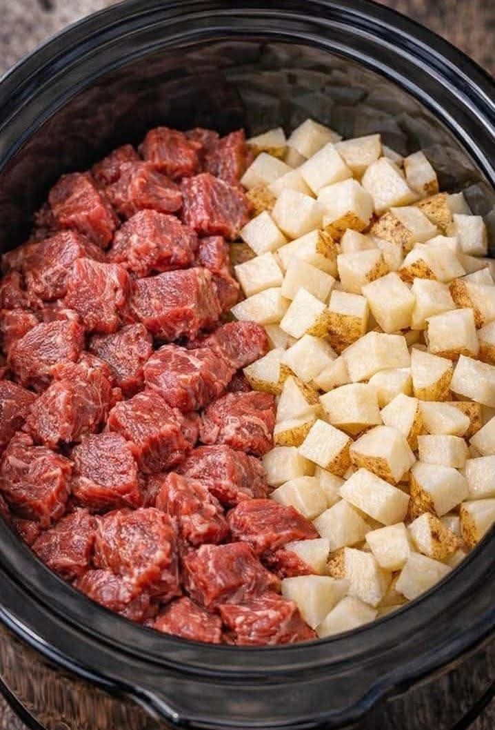 Combine cubed sirloin and these 3 ingredients over beef in slow cooker for a stick to your ribs dinner guests happily return for