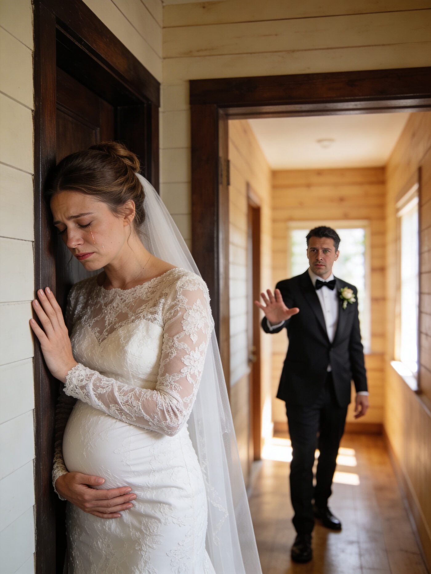 An hour before my wedding, while I was trembling in pain with our child still inside me, I heard my fiancé whisper the words that shattered everything: ‘I never loved her… this baby doesn’t change anything.’ My world fell silent. But when the music started and the guests smiled, I made a decision. If he wanted a perfect wedding, then everyone was about to hear the truth.”