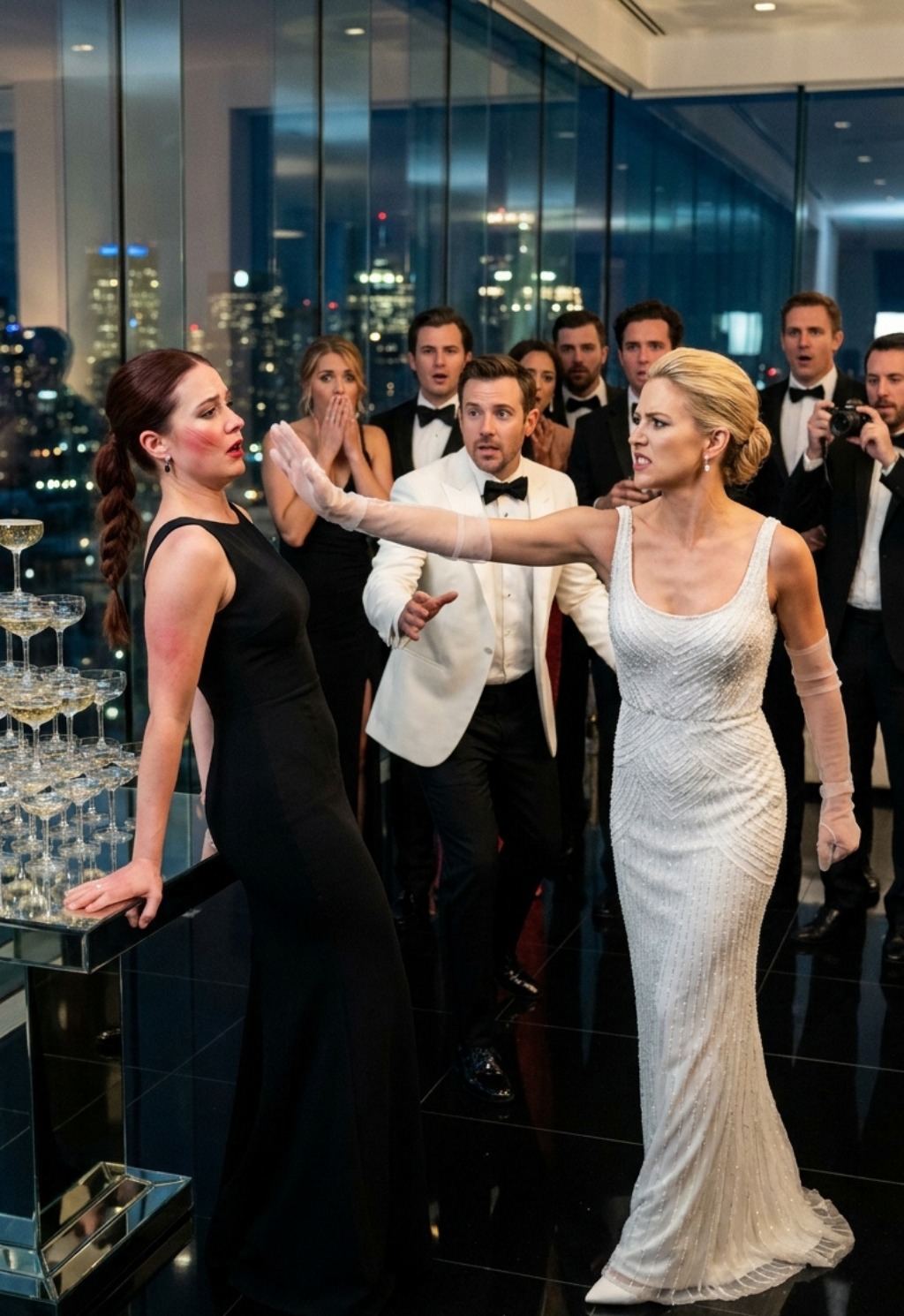 At my stepsister’s 500-guest wedding, the same family who threw me out at sixteen let me stand in the back of the ballroom like I wasn’t even blood. Until the bride stormed across the floor, m0cked my dress, s.lapp.ed me hard enough to turn heads, and called me garbage while half the room laughed.